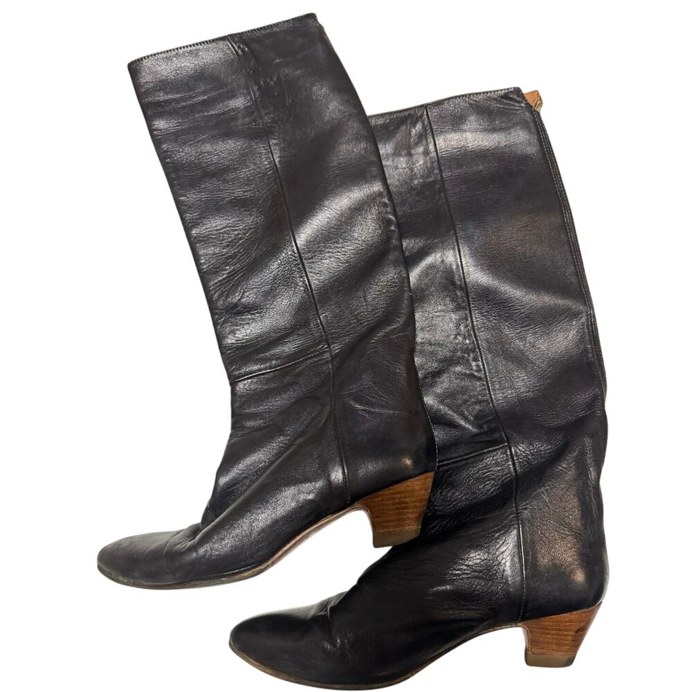 Vintage Style Black Leather Knee High Boots Made in Spain Size 39 (8 8.5)